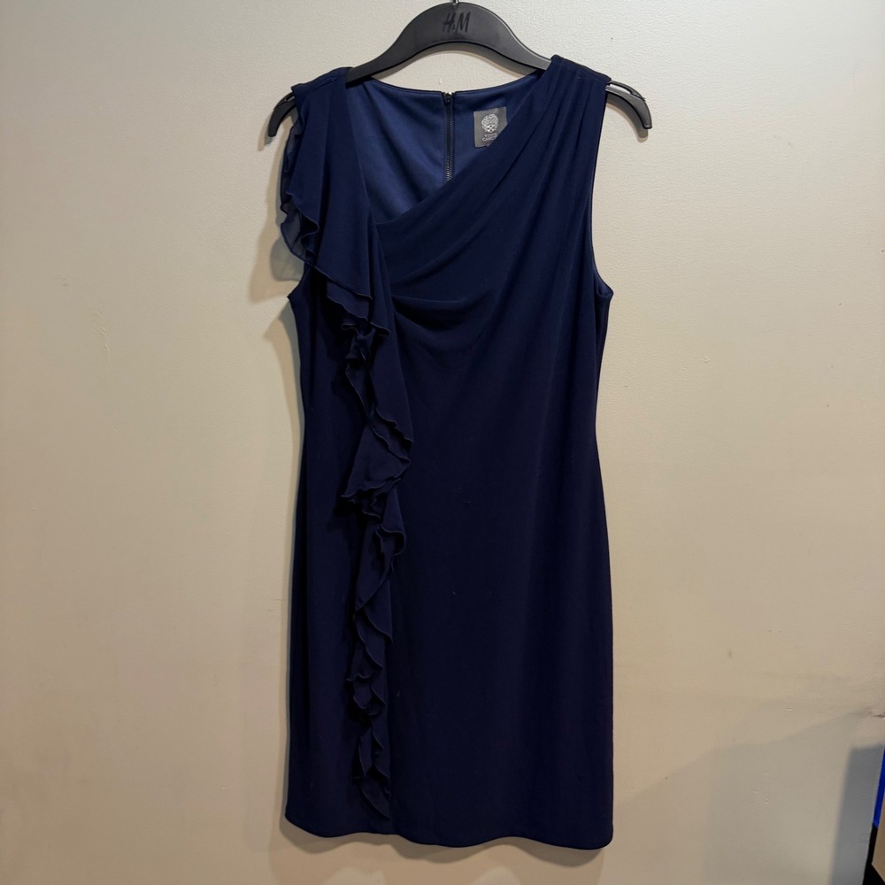 Vince Camuto Navy Blue Ruffle Front Cocktail Sheath Dress Womens 10